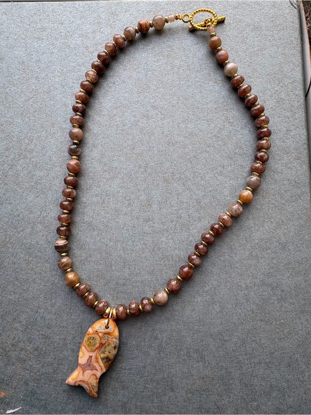 New Anthropologie Marble Brown Beaded Necklace w/ Red Creek Jasper Fish Pendant